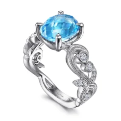 New Gabriel & Co. Vintage 14K White Gold Diamond and Blue Topaz Oval Ring