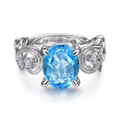 New Gabriel & Co. Vintage 14K White Gold Diamond and Blue Topaz Oval Ring