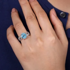New Gabriel & Co. Vintage 14K White Gold Diamond and Blue Topaz Oval Ring