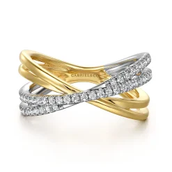 Outlet Gabriel & Co. Wide Band Criss Cross Ring 14K White and Yellow Gold Diamond 0.25ct