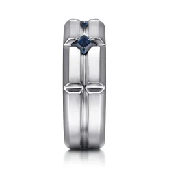 New Gabriel & Co. Wide Band Stations in Horizontal Brush Finish 925 Sterling Silver Sapphire