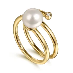 Gabriel & Co. Wide Band Wrap Ring 14K Yellow Gold Diamond and Pearl 0.02ct