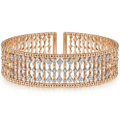 New Gabriel & Co. Wide 14K Rose Gold Cage Cuff Bracelet with Diamond Stations