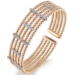 New Gabriel & Co. Wide 14K White-Rose Gold Bujukan Cuff Bangle with Diamond Bar Stations