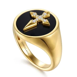 Gabriel & Co. Wide 14K Yellow Gold Diamond and Onyx Cross Signet Ring