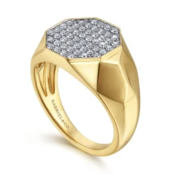Best Gabriel & Co. Wide 14K Yellow Gold Faceted Signet Ring with Pave Diamonds in High Polished Finish