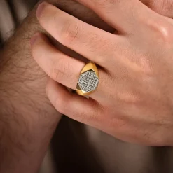 Best Gabriel & Co. Wide 14K Yellow Gold Faceted Signet Ring with Pave Diamonds in High Polished Finish