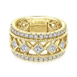 Best Gabriel & Co. Wide 14K Yellow Gold Geometric Princess Cut and Round Diamond Anniversary Band - 1.6 ct