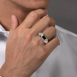 Sale Gabriel & Co. Wide 925 Sterling Silver Faceted Mens Ring with Onyx in High Polished Finish